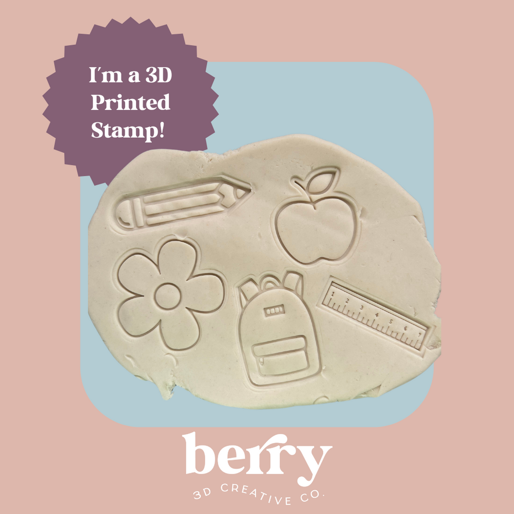 Pack of 5 Teacher stamps, backpack, flower, ruler, apple, pencil Stamp and matching cutter