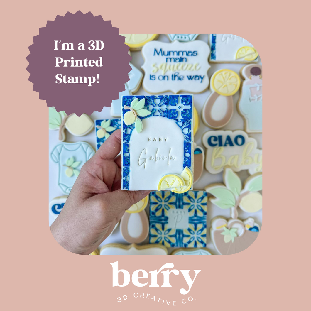 Rectangle Almafi coast inspired print with blank arch debosser stamp and matching cutter