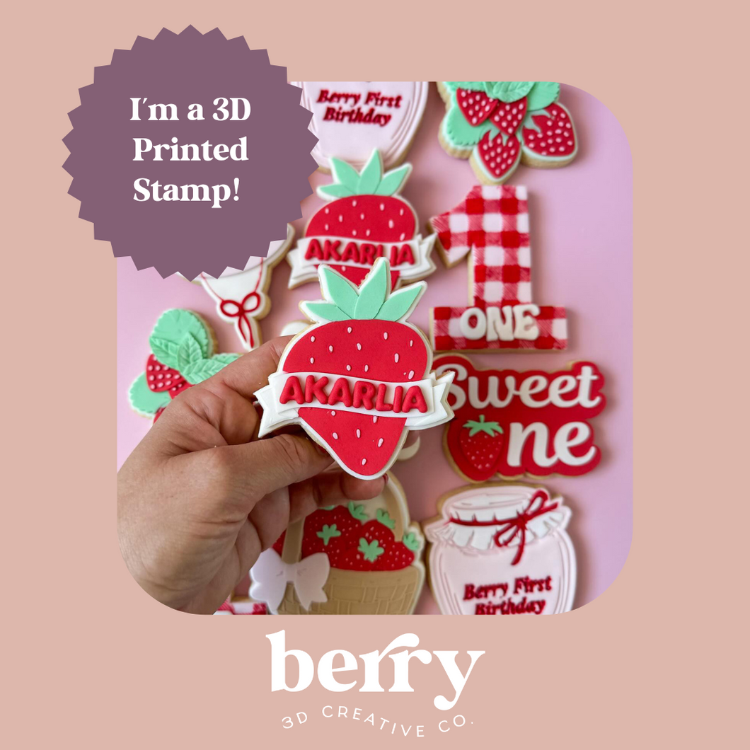 Strawberry with banner Stamp and matching cutter