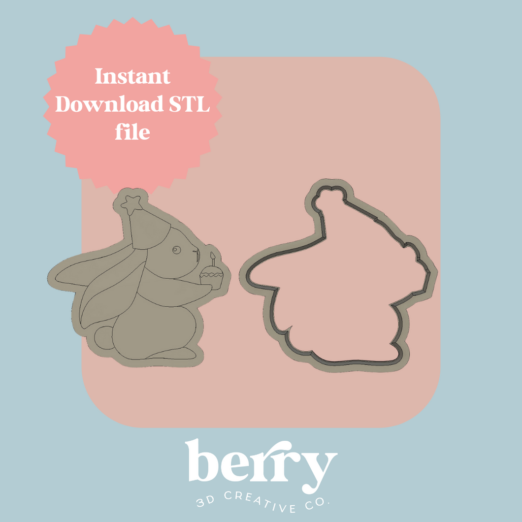 Bunny wearing party hat and cupcake Cookie Cutter and Stamp stl file