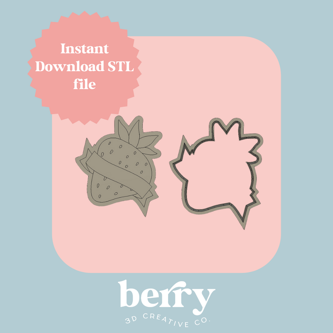 Strawberry with Banner Cookie Cutter and Stamp stl file